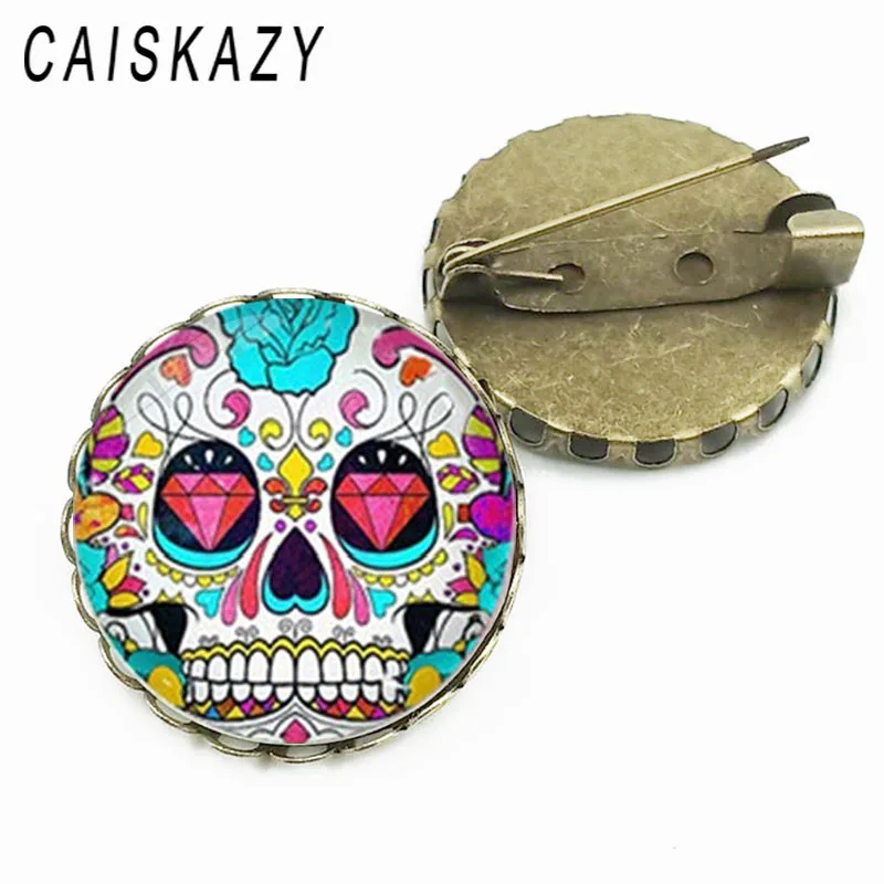 Модный булавка с изображением мексиканского сахарного черепа в стеклянном куполе, винтажные украшения и цветочные булавки на сумку и шляпу с позолоченным воротником для женщин.