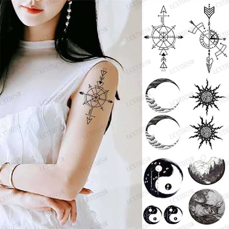 

Temporary Tattoos Moon Sun Body Transfer Tattoo Sticker Tai Chi Pattern Sexy Girl Arm Clavicle Waterproof Black Tattoo Art