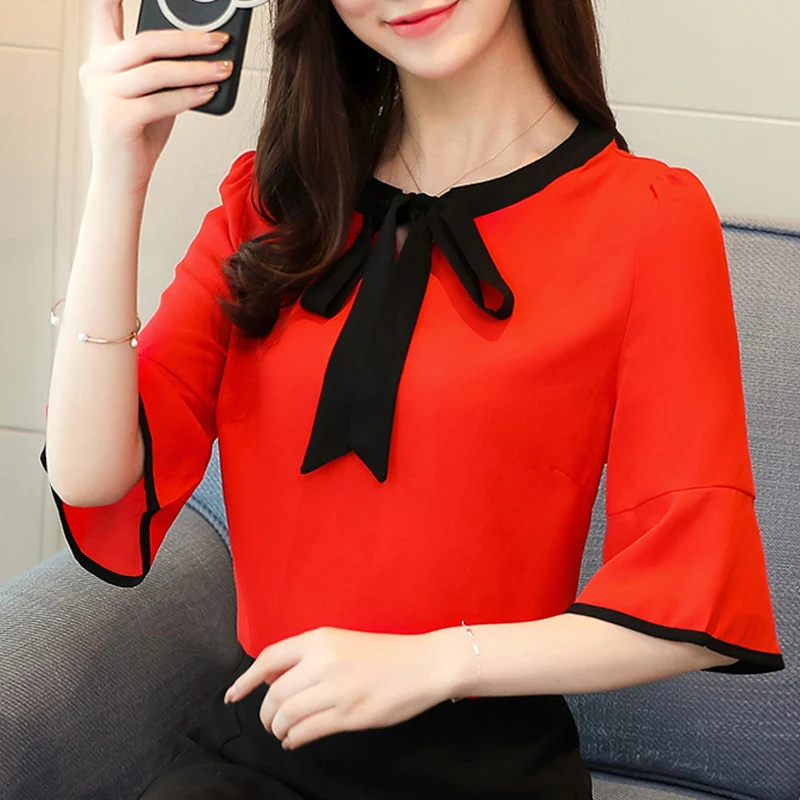 Шифоновая женская блузка рубашка Мода 2019 плюс размер с бантом и круглым вырезом