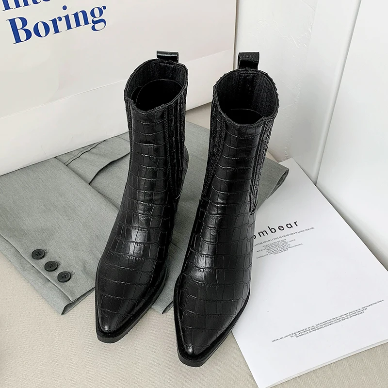 Brand Fashion Embossed Microfiber Leather Women's Ankle Boots Pointed Toe Western Cowboy Boots Women Wedges Riding Runway Boots