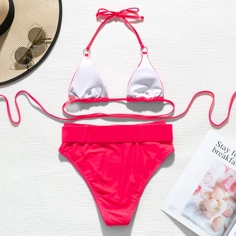Neon pink two pieces bikini set High waist bathing suit Halter swimwear women String bandage swimsuit female biquini 2020 new | Спорт и
