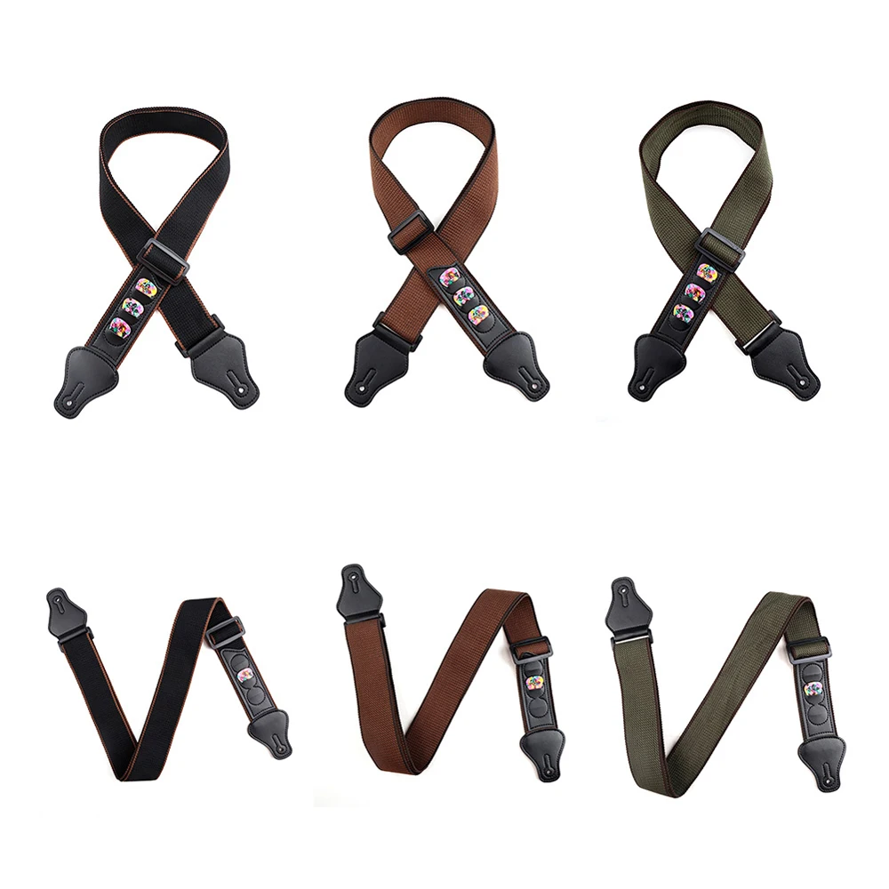 

Adjustable Guitar Strap Nylon Leather Ends with 3 Guitar Pick Holders for Acoustic Electric Bass Guitar Accessories