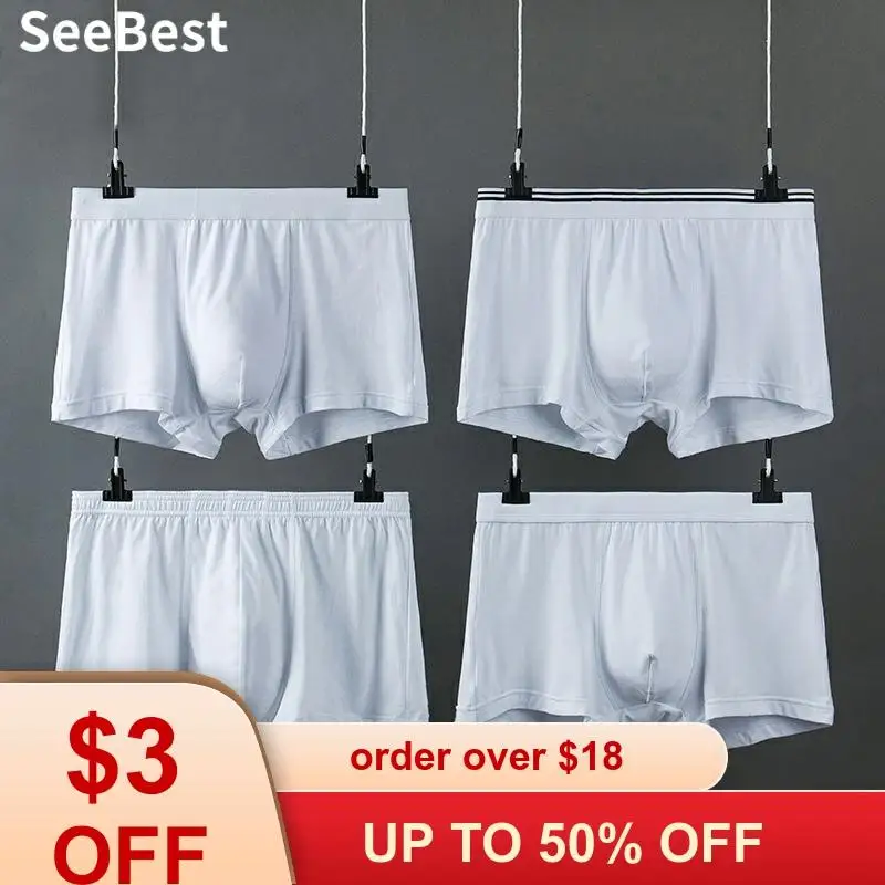 

SeeBest 4Pcs/lot Mens Boxer Underwear White Breathable For Male Gay Winter Cotton Modal Brand Underpants Panties Shorts Pack XXL