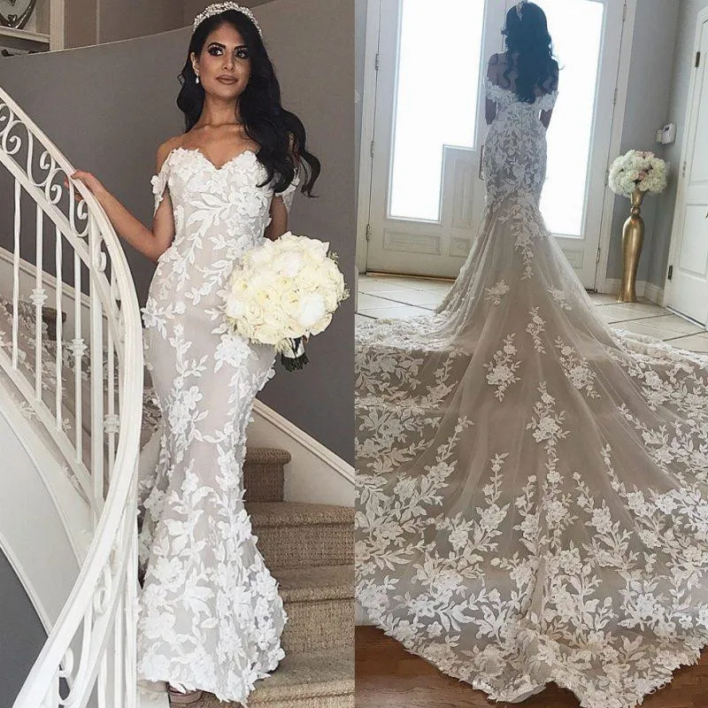 

Elegant Mermaid Lace Wedding Dresses Off The Shoulder 3D Appliqued Bridal Gowns Chapel Train Trumpet Tulle Vestido De Novia