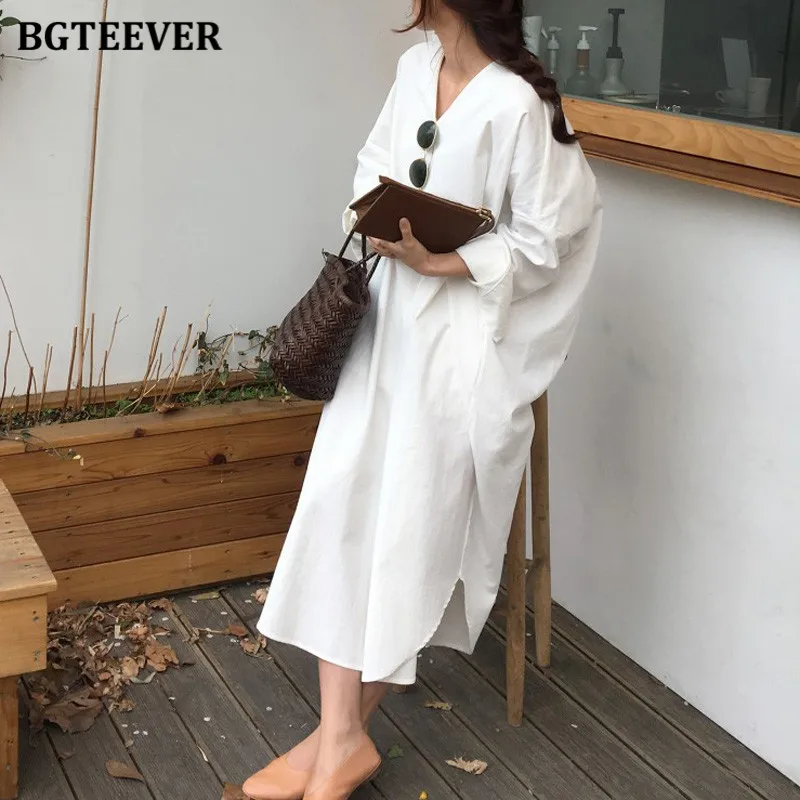 

Платье BGTEEVER женское винтажное на шнуровке, однотонное Свободное длинное Повседневное платье с V-образным вырезом и длинным рукавом, с Боков...