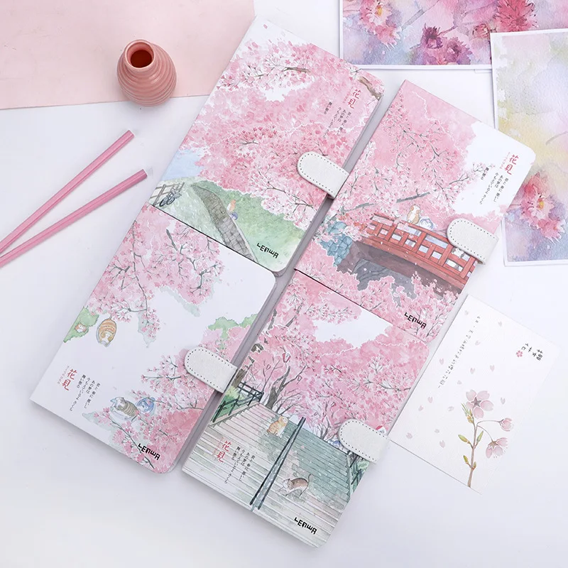 

a5 Pages Freshness Sketchbook Beautiful Cherry Blossom Sakura Magnetic Buckle Diary School Student Notebook Daily Work Notepad
