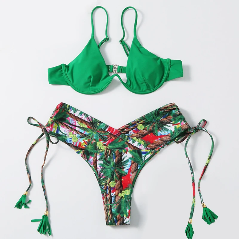 

Fashionsta Green Swimsuit Sexy Print Bikinis Women 2 piece swimsuit Bathing Swimwear Summer Underwear with Pad Bra Swimsuit New