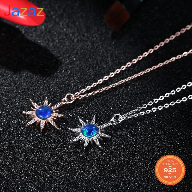 

Jazaz 925 Sterling Silver Sun Flower Blue Opal Stone Clavicle Chain Necklace Women Fashion Wedding Dress Accessories D001910