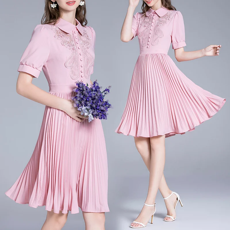 

Simgent Pink Pleated Dress Women Summer Embroidery Lantern Sleeve Peter Pan Collar A Line Dresses Woman Clothes Vestidos SG16265