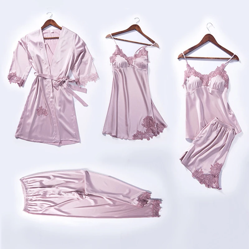 Сексуальная пижама кимоно халат 5 шт. женский топ на бретелях брюки костюм