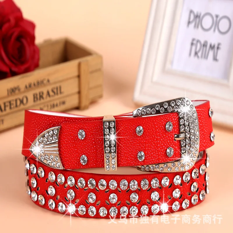 

Split Leather + PU Rivet Belt Fashion Rhinestone Women's Studded Belts High Quality Female Leather Rock Women Strap For Jeans