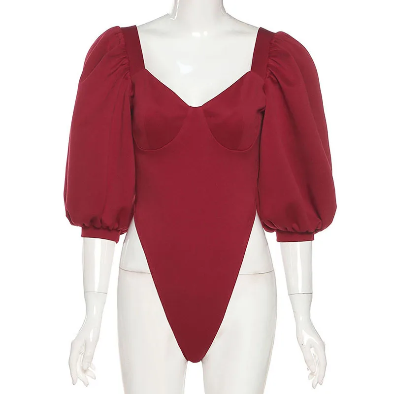 

Sexy Bodycon Bodysuit Puff Sleeve Square Neck Sheath Crotch Basic Elegant Vintage Jumpsuit Women Body Streetwear Top