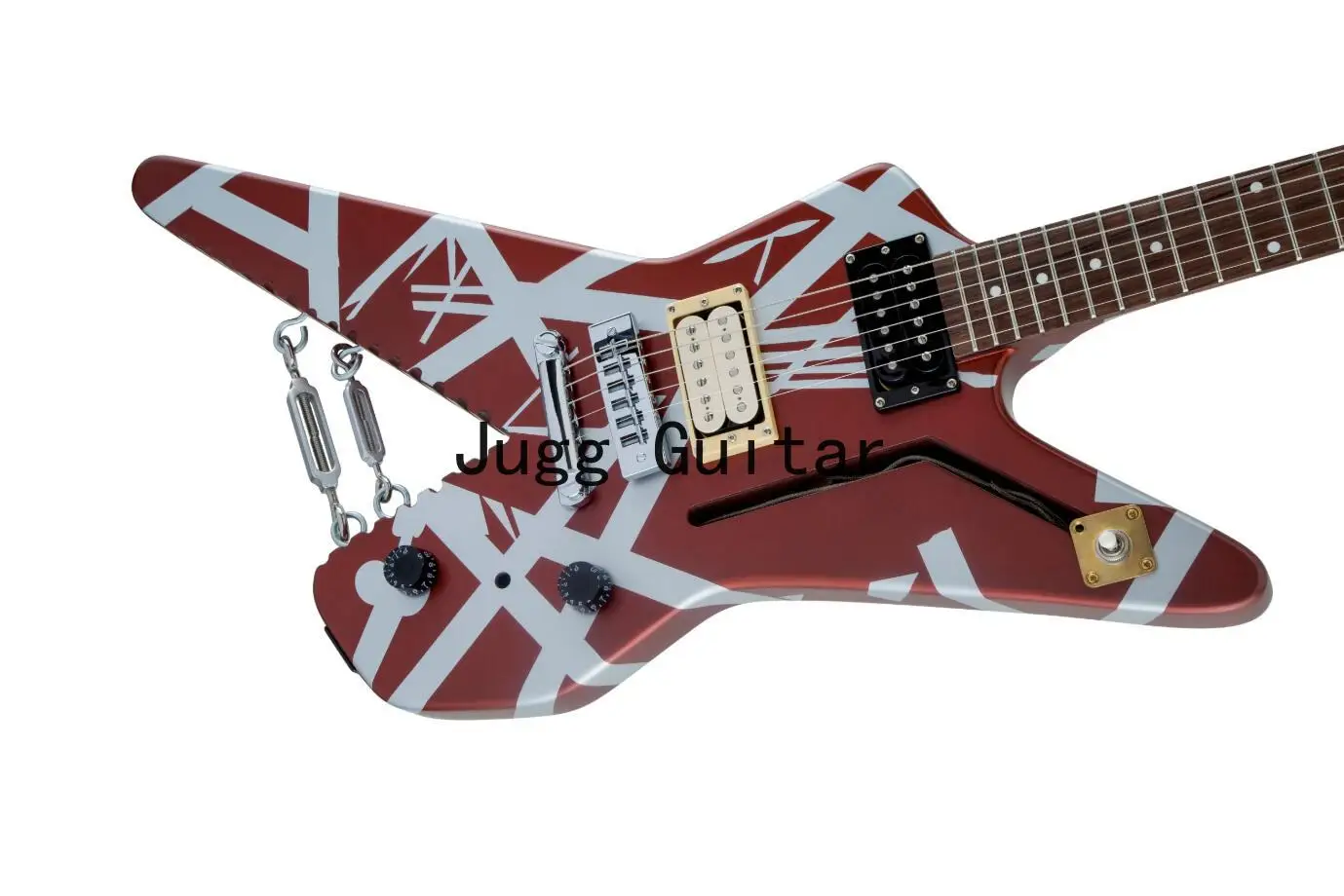 Edward Van Halen Shark Satin Urethane Burgundy Silver Stripes Explorer Electric Guitar Chrome Eye Hooks w/ Turnbuckles