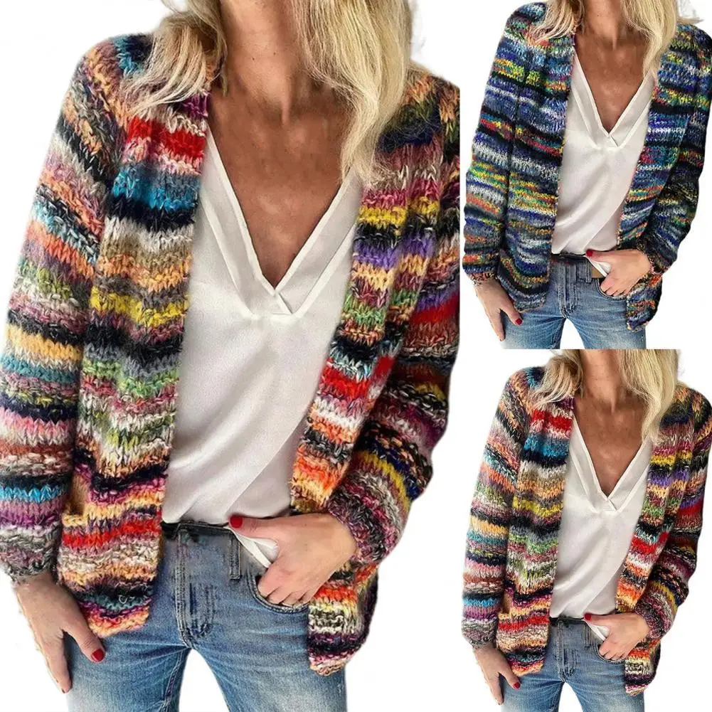 

New Women Vintage Sweater Outwear Rainbow Stripes Temperament Autumn Winter Long Sleeve Knitted Cardigan Coat Tops