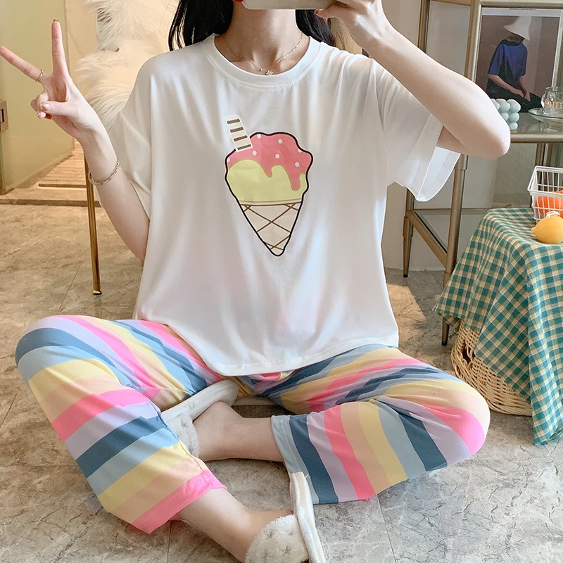 Sleepwear Sets for Women Lovely Pattern Pajamas Set Thin Cotton Short Sleeve Pant Home Wear Lazy Style Lady Underwear Pijamas | Женская