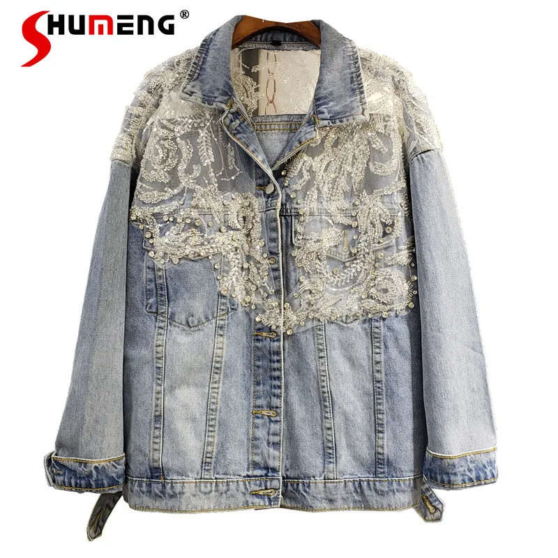 

2021 Spring Clothing New Patchwork Jeans Rhinestone Studded Sequins Mesh Coats Loose Slimming Denim Jacket for Women