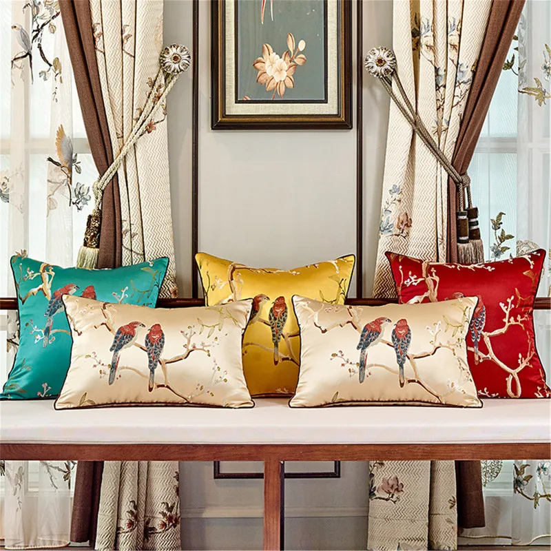 

Fuwatacchi Fine Embroidery Birds Flower Sofa Chair Cushion Pillow Cover Home Decorative Backrest Chinese Lumbar Pillowcases New