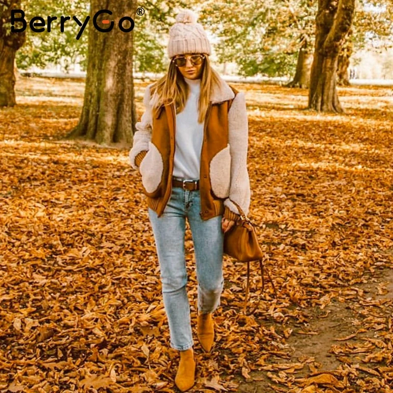 BerryGo Thick faux fur coat women Casual autumn winter patchwork outwear warm coats Long sleeve zipper laides streetwear jackets | Женская