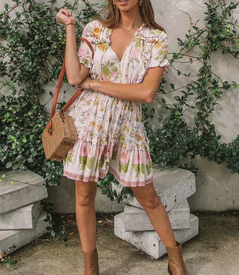 Женское винтажное платье с цветочным принтом коротким рукавом и V-образным