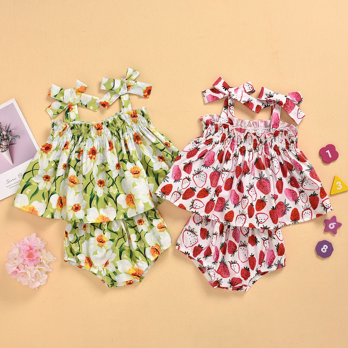

Summer Baby Toddler Girl Set Newborn Baby Girl Clothes Fruit Print Top Shorts Infant Summer Outfit With Bow 0-24 months