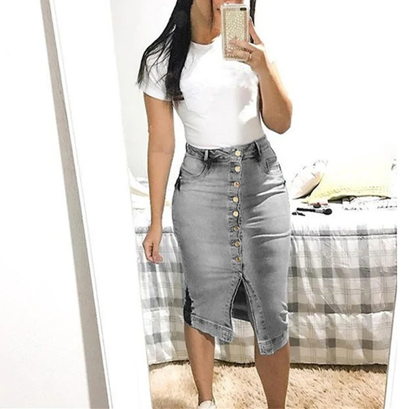 

Denim Skirt Women High Waist Long A line Skirt Women Summer Casual Solid High Street Fashion Female Streetwear Split Skirts