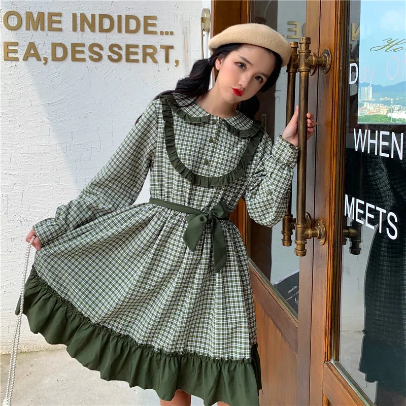 

One-Piece Japanese Autumn Spring Women Lolita Style Cute Dress 2020 Cute Kawaii Ruffles Bow Dress Peter Pan Collar Plaid Dresses