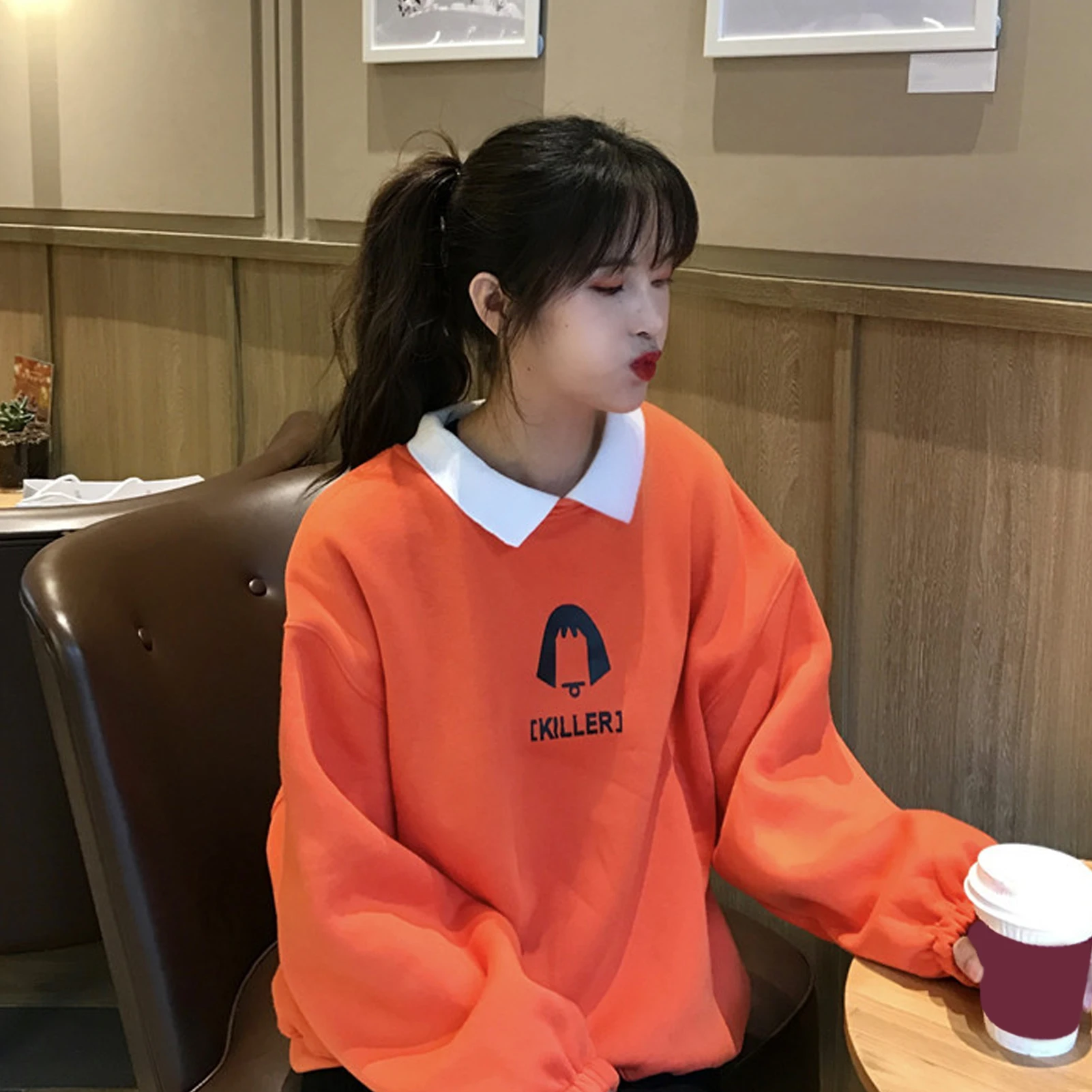 Women Sweatshirts Casual Pullover Tops Clothes Women Autumn Long Sleeve Turn Down Collar Letters Print Plush Sweatshirt Hoodie