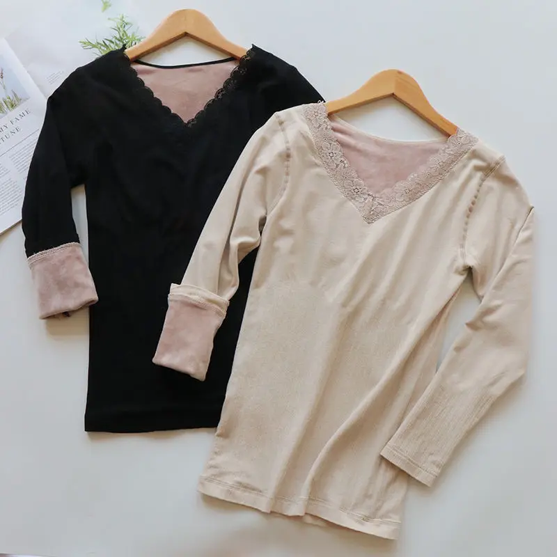 

Women New 2021 Autumn Winter Plus Velvet Thermal Underwear Female Body-hugging V-Neck Lace Sexy Base Shirt Thick Warm Tops A426