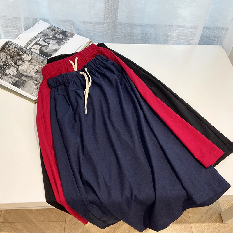 

2021 Summer New Elastic High Waist Lace-up Loose A- Line Skirt Solid Color Women's Mid-Length Skirt Casual Students