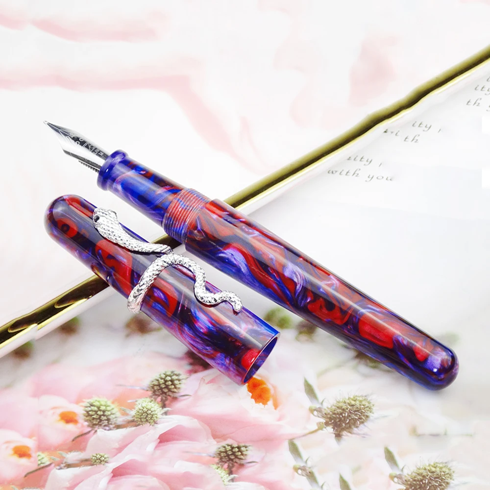 

Fuliwen 017 Resin Fountain Pen Purple Harbor Sunset Big Size EF/F/M Nib Ink Pen with Silver Snake Ring Luxury Gift for Office
