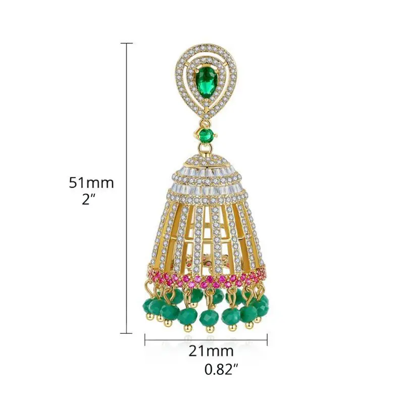 

1 Pair Women Indian Bridal Zircon Bell Beads Tassel Drop Dangle Earrings Decor
