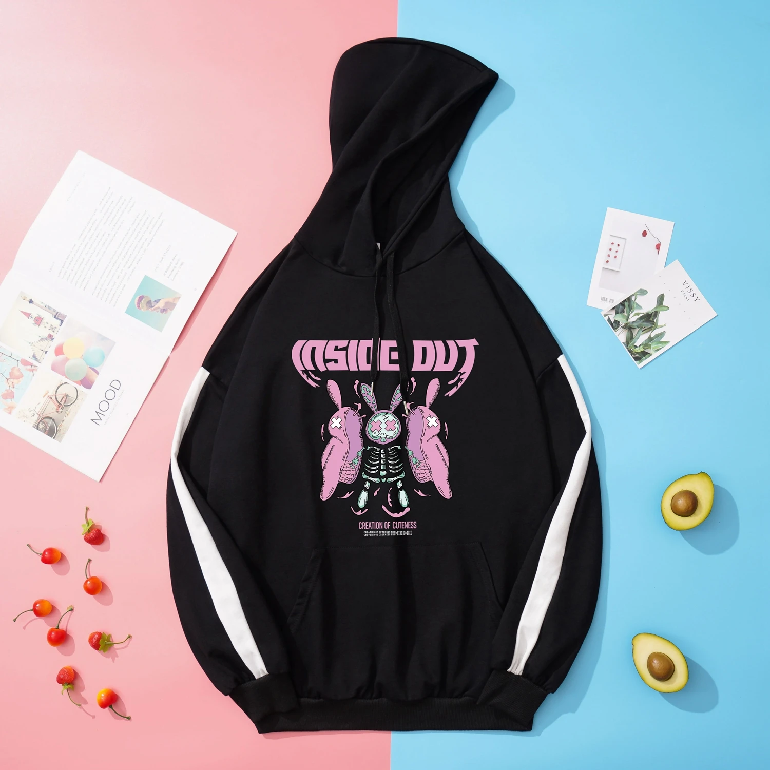 

Women Spring Fall Hit Color Splicing Hooded Sweatshirt Gothic Skeleton Rabbit Pattern Print Hoodie Harajuku Fashion Couples Tops