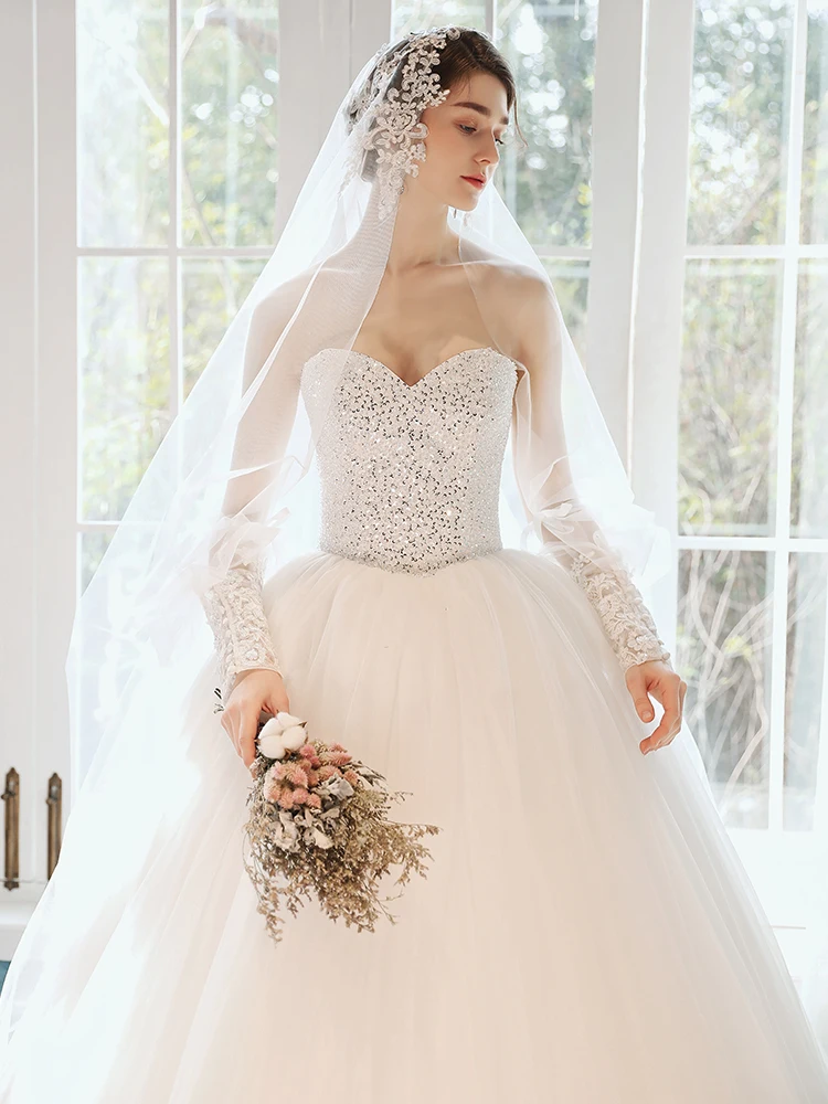 

Women' wedding dress plus size strapless sequined white bridal wedding dress luxury bridal elegant wedding gown custom made