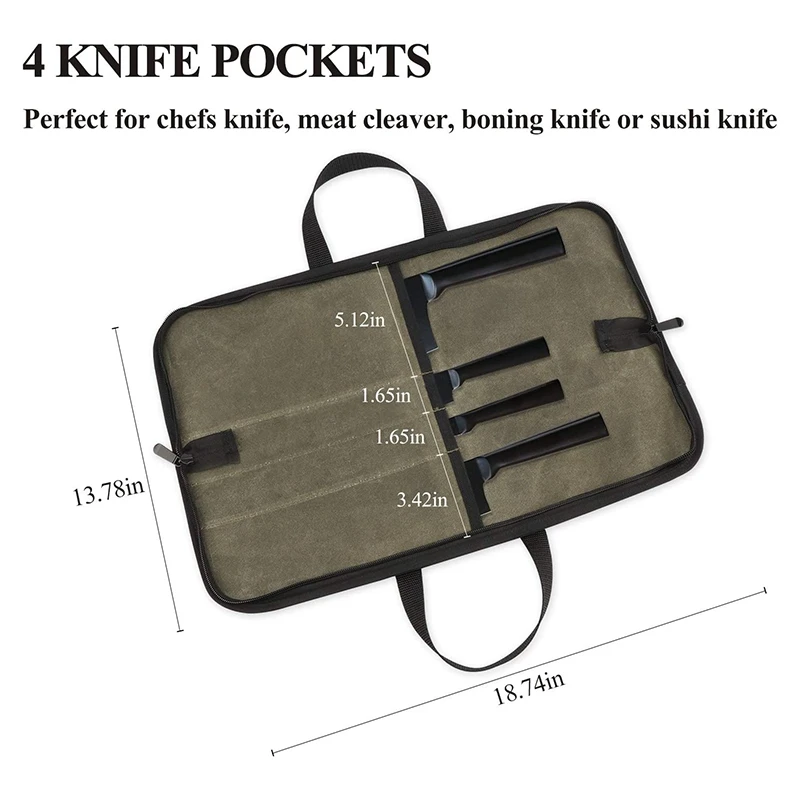 

Knife Bag(4 Slots), Chef Knife Case Waxed Canvas Roll Storage Knife Carrying Pouch for Men&Women Green