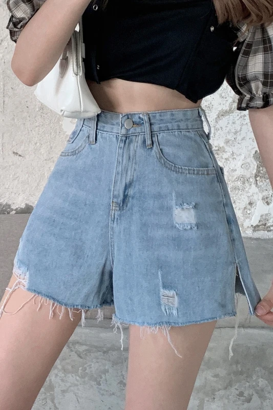 

2021 Jeans Woman's Summer Korean Version of the New High-waisted Loose and Ripped Raw-edge Wide-leg Pants Women Split Shorts