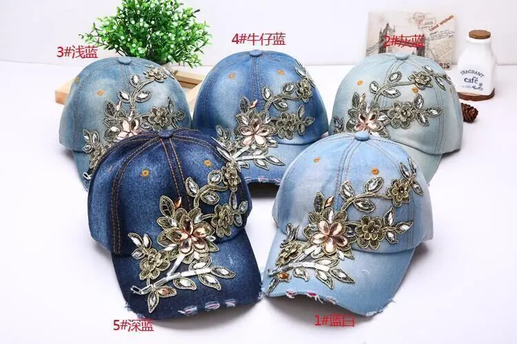 Women's Baseball Cap Diamond Painting Embroidery Flower Denim Snapback Hats Jeans Woman Female Cap Cowboy Summer Sun Hat