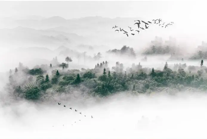 3D обои Milofi минималистский скандинавский стиль Птицы туман сосна лес облака и фон