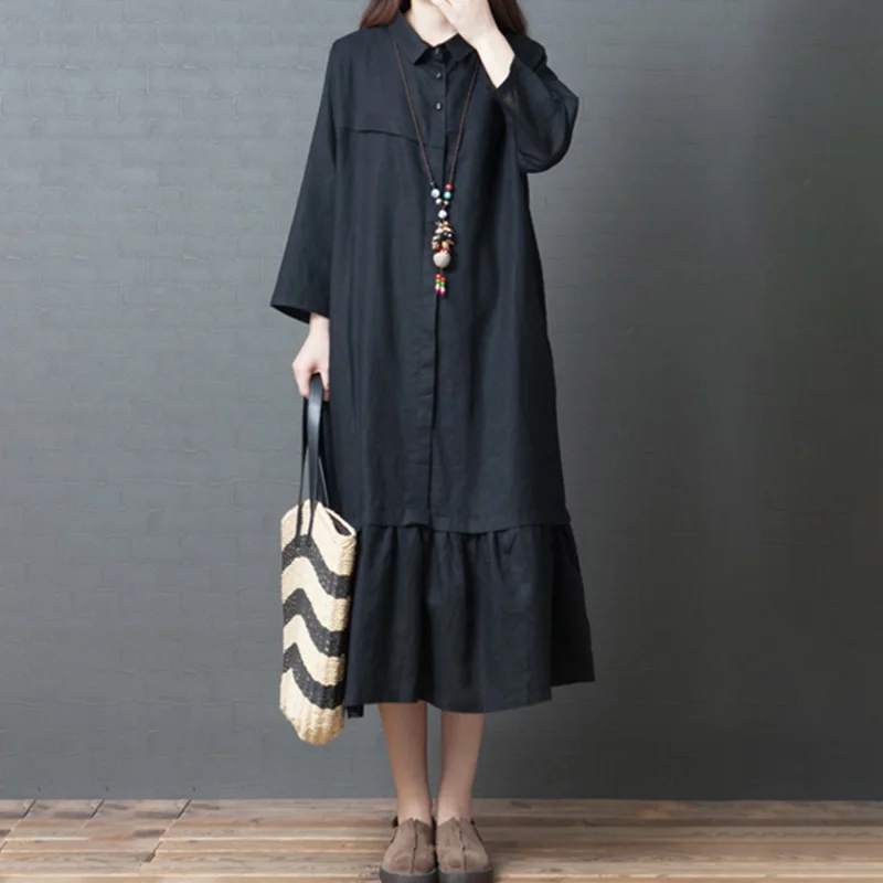 Винтажное женское свободное осеннее длинное платье из хлопка и льна однотонное