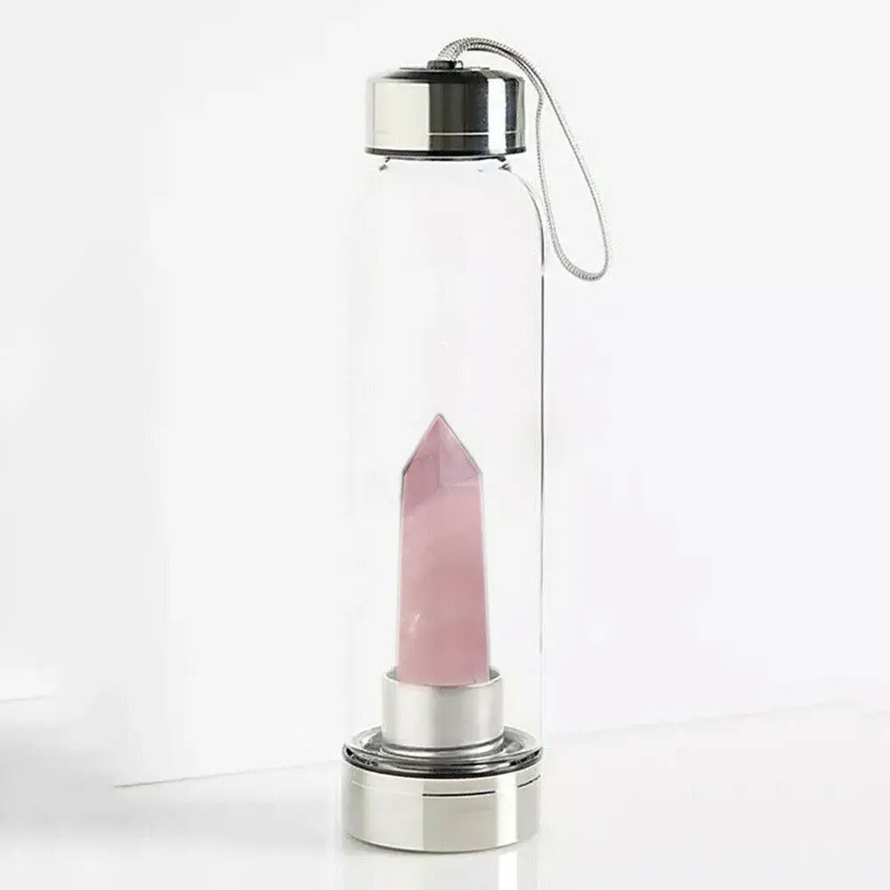 Pink Crystal 500 мл, бутылка для воды из натурального кварца, кристалл, камень, обелиск, натуральная энергия, гравий, драгоценный камень, стеклянная чашка, для спорта на открытом воздухе, дома, подарок - Цвет: Pink Crystal