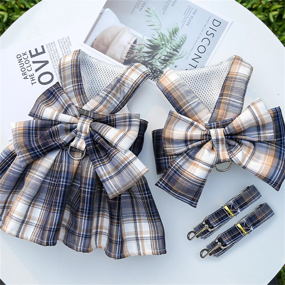 

College Style Dog Collar Skirt Cat Plaid Breast Strap Traction Rope Teddy Pet Products Dog Walking Rope Yorkshire Dog Harness