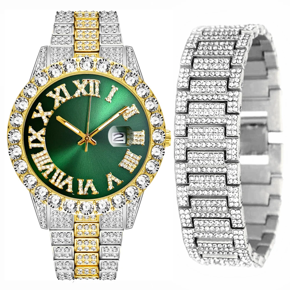 Льдом цепи часы-браслет для Для мужчин со льдом часы комплект ювелирных изделий в