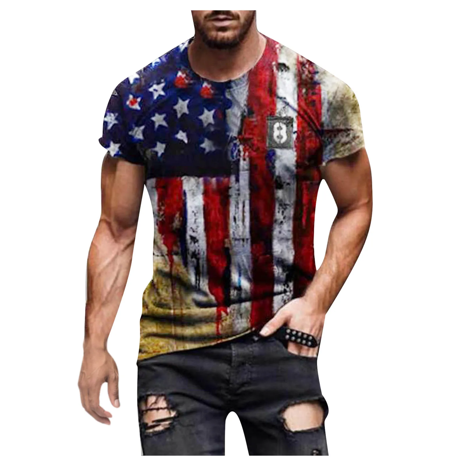 

Summer Retro American Flag Print T-shirt Men's Casual Fashion Round Neck Tees Loose Oversize Muscle Streetwear Man's Tshirt A50