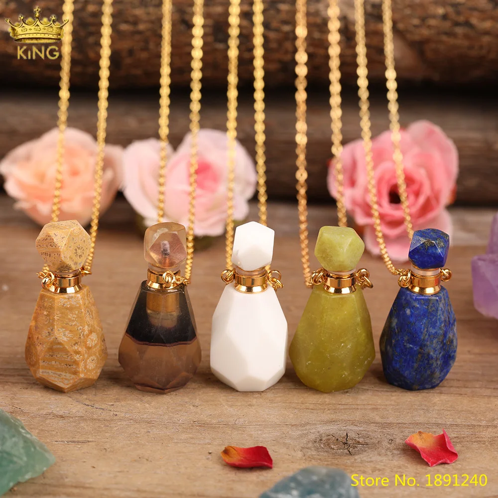 

Fashion Women Faceted Natural Stones Perfume Bottle Pendant Necklace,Coral Jades Lapis Stone Gold Essential Oil Diffuser Jewelry