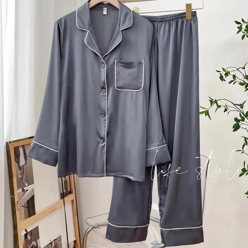 Комплект пижамный атласный женская одежда для сна на пуговицах с лацканами