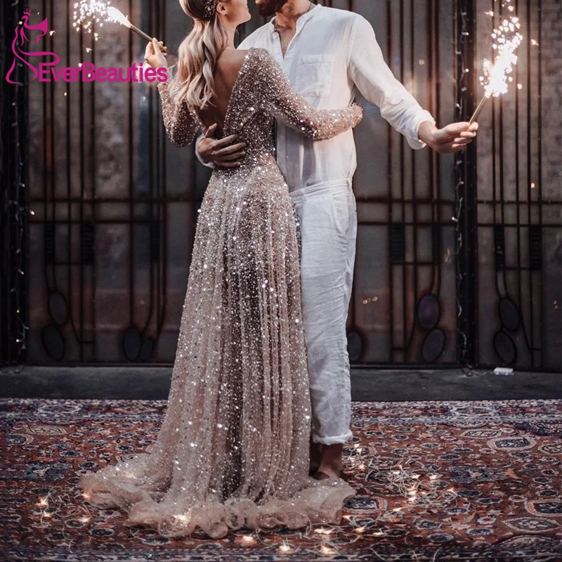 Robe De Mariee, Длинные свадебные платья с рукавами,, блестящее платье невесты с блестками, свадебное платье, ТРАПЕЦИЕВИДНОЕ богемное платье, Vestido De Noiva