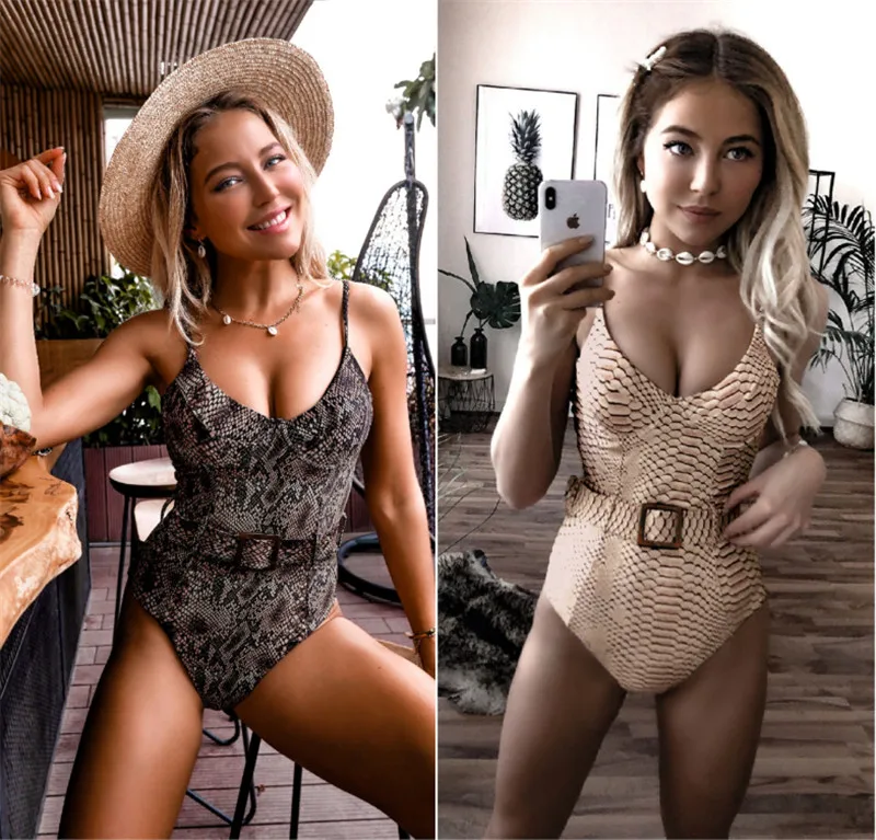 

Летний женский купальник со змеиным принтом, праздничные купальники, монокини, цельный пляжный бикини с открытой спиной и подкладкой, пляжн...