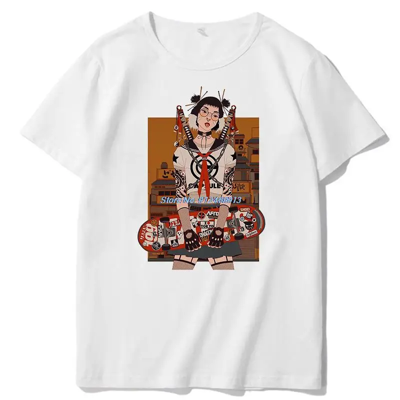 

Футболка женская оверсайз с круглым вырезом, хлопковая тенниска в японском стиле панк/рок, летняя одежда для мужчин