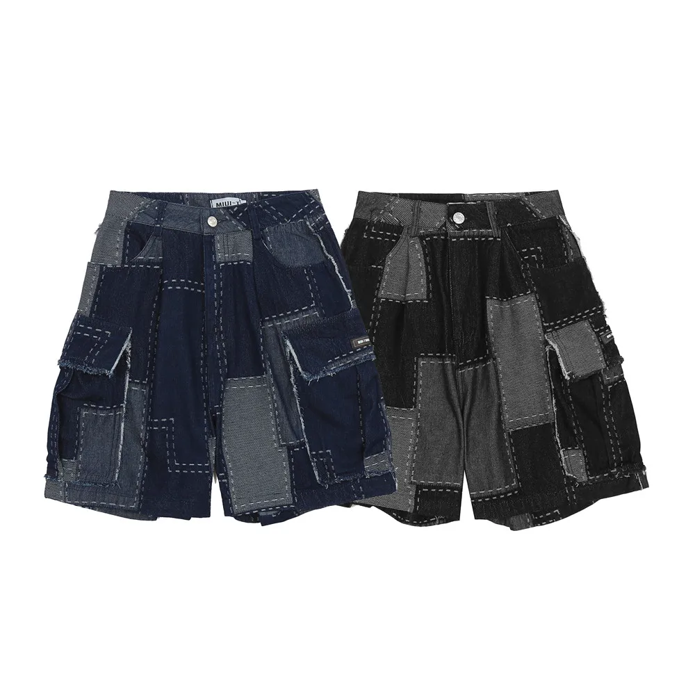 Men's Big Pockets Loose Shorts Hip-Hop Spring Summer Plaid Stitching Denim Shorts Streetwear Bottoms Men Knee Lenght Short