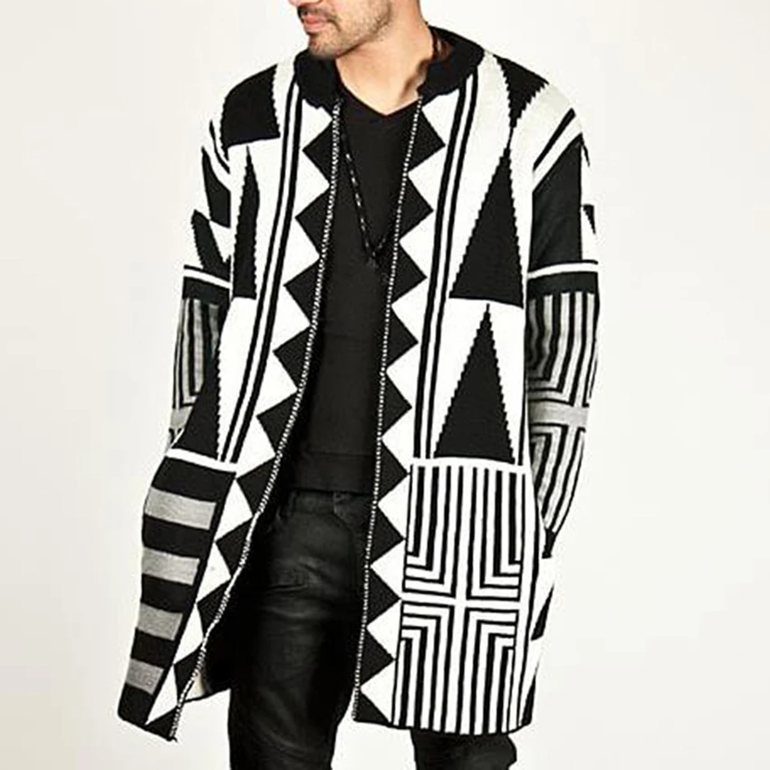 Preto e Branco Outono Inverno Novo Streetwear Camisola Masculina Emenda Cardigan Camisolas Cabolsa Masculino Clohing Hip Hop