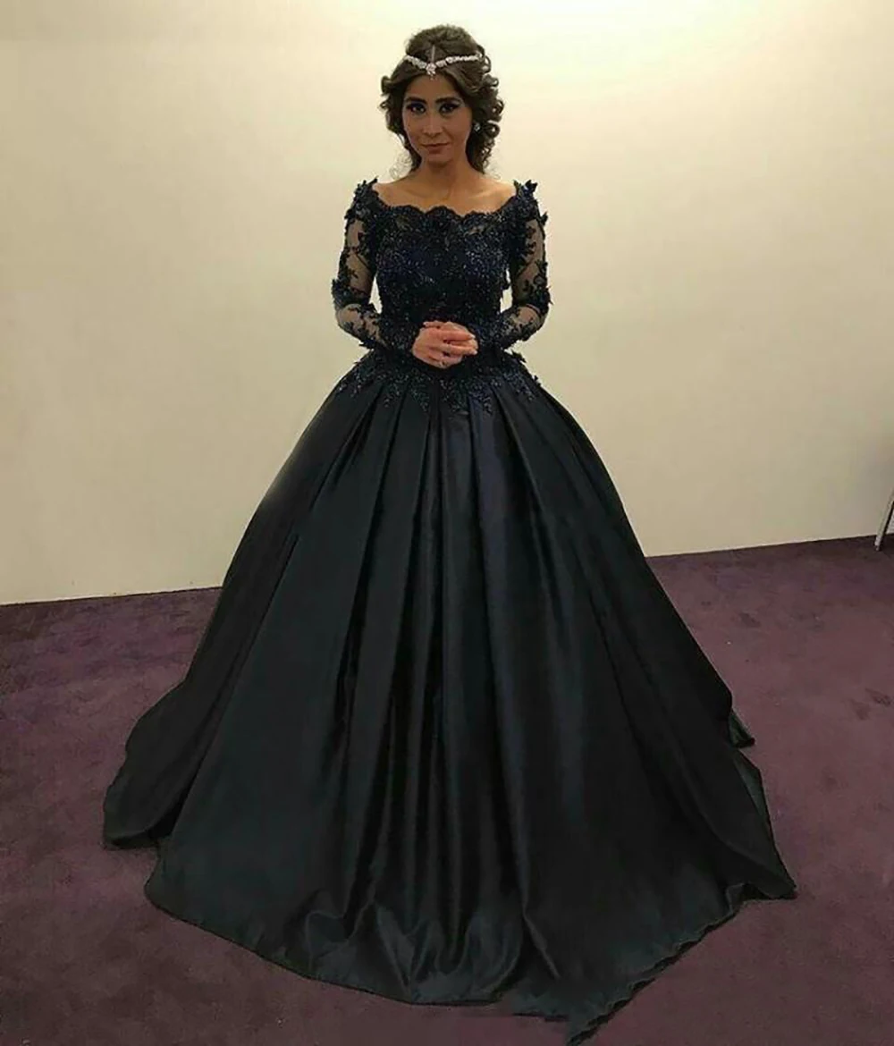 

New A Line Evening Dresses Applique Beaded Black Off-Shoulder Prom Party Gown Floor-Length Long Sleeve Dress NONE Train Custom